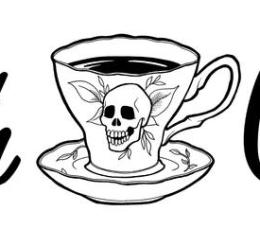 Death Cafe logo with skull design on a cup