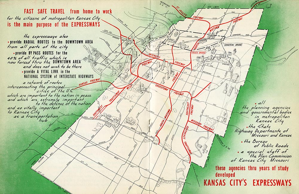 An Illustrated map showing the planned expressway system in the Kansas City area in 1952.