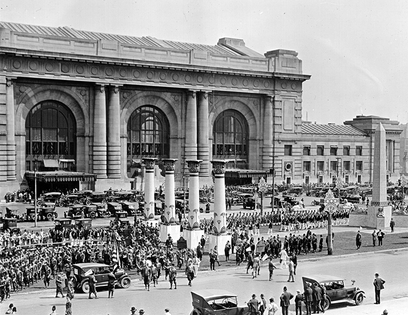 Distant view of parade and ceremonial activities in front of Union Station, 1924, General Photograph Collection (P1), Missouri Valley Special Collections.