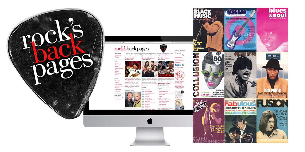 Rock's Backpages graphic with guitar pick, computer screen with magazine titles, and grid of publications.