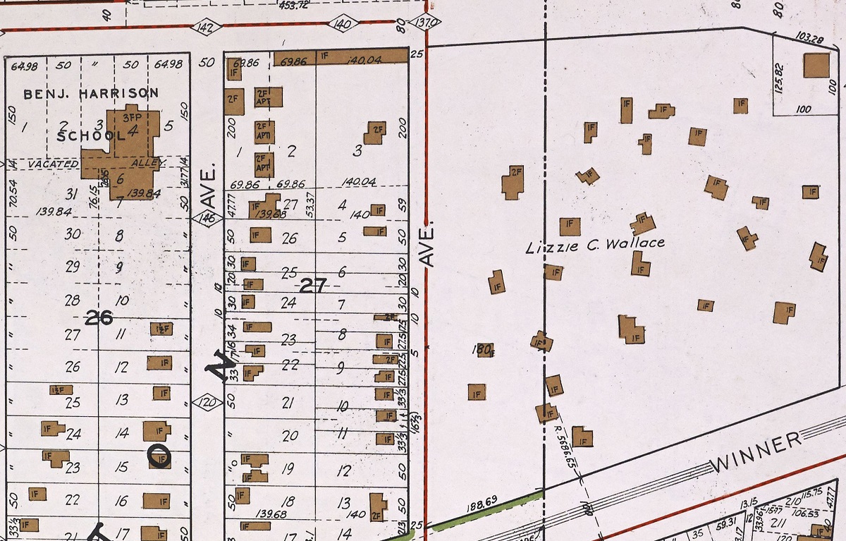 Atlas of Kansas City, MO, and Environs, 1925, showing the Lizzie C. Wallace property east of Benjamin Harrison School. The city limit passes through the property.  Image: FIMo map database, Kansas City Public Library.  