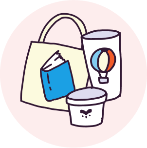 illustration of tote bag, glass, and snack cup