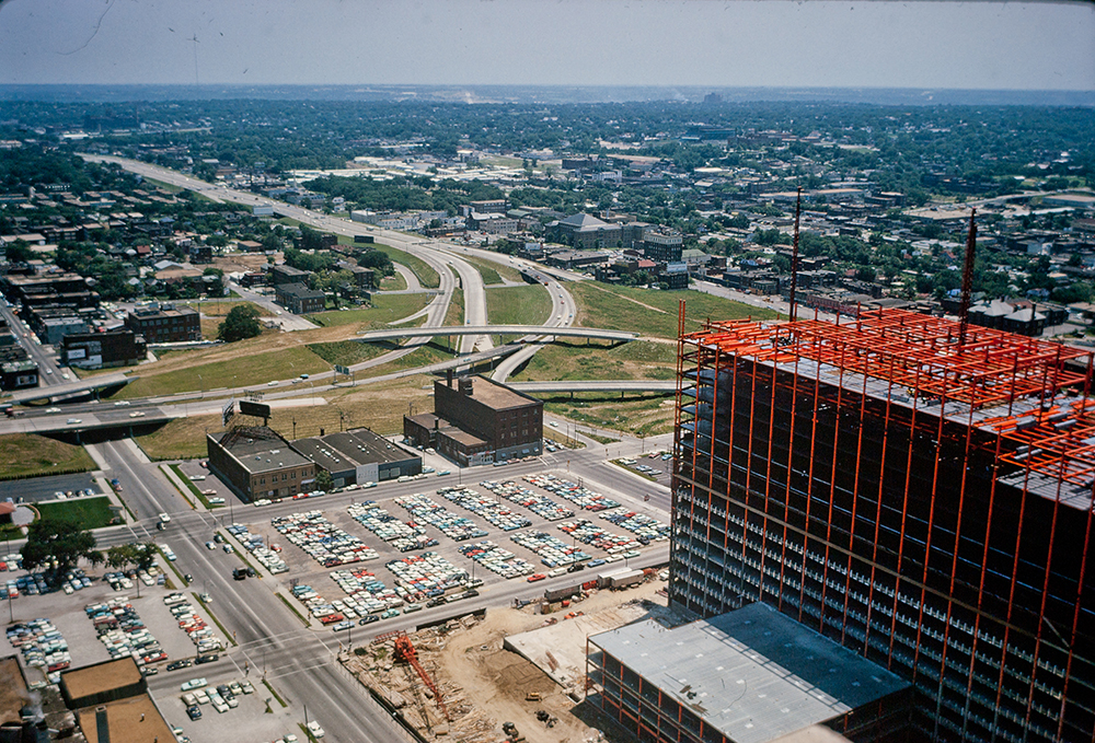 A 1964 View from City Hall showing the southeast corner of the Downtown Loop that eventually connected to Bruce R. Watkins Drive. Kansas City Public Library