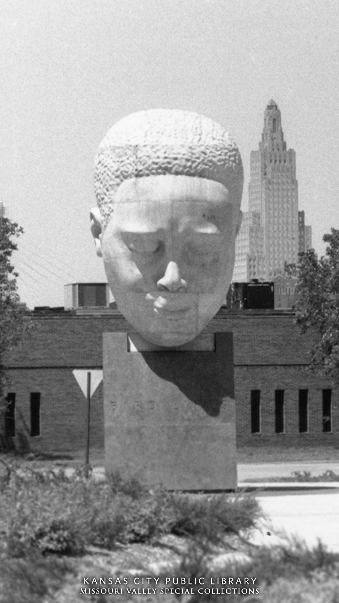 black and white photo of Charlie Parker sculpture