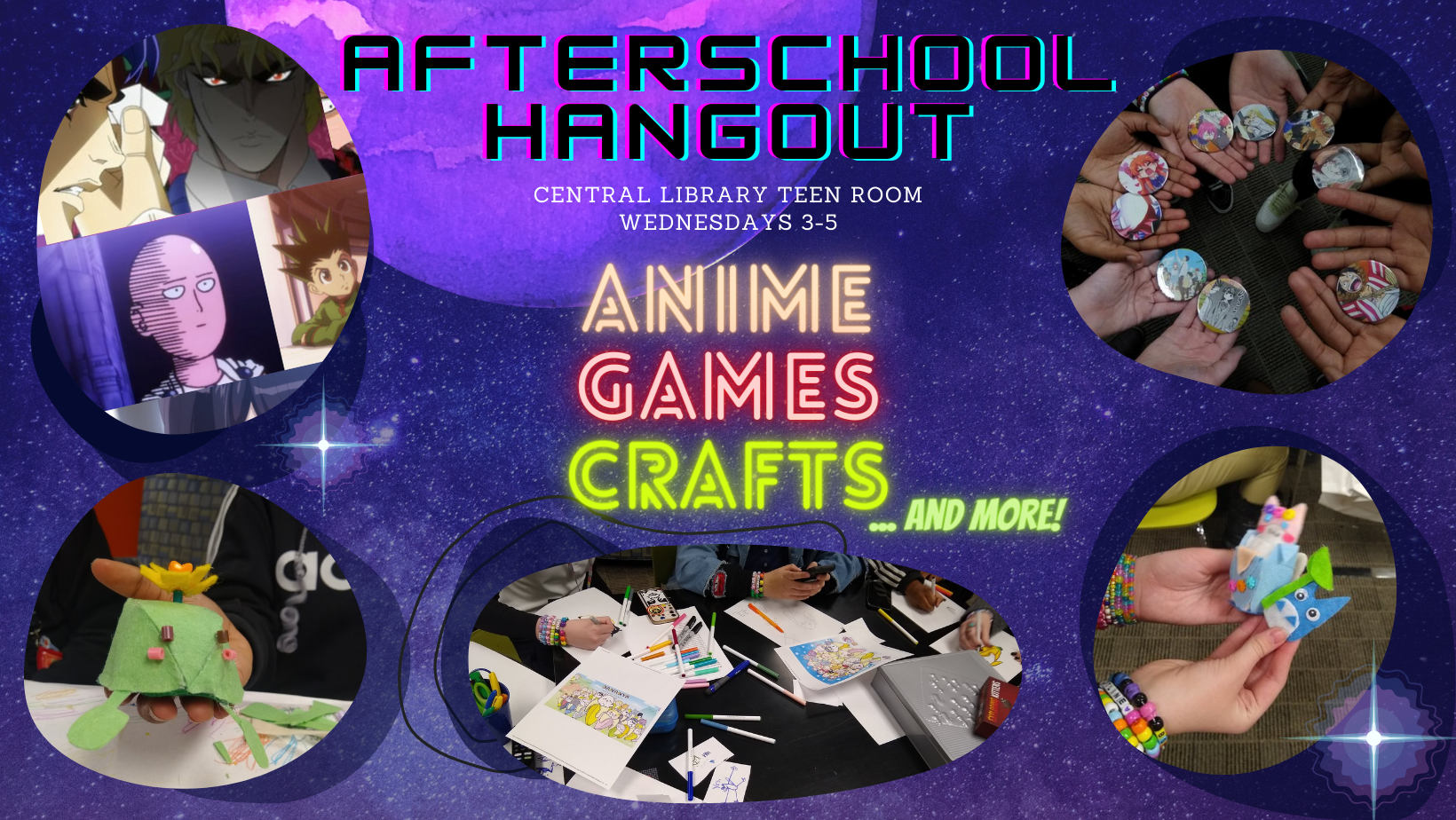 "Anime games crafts" on purple background with 5 images of various crafts
