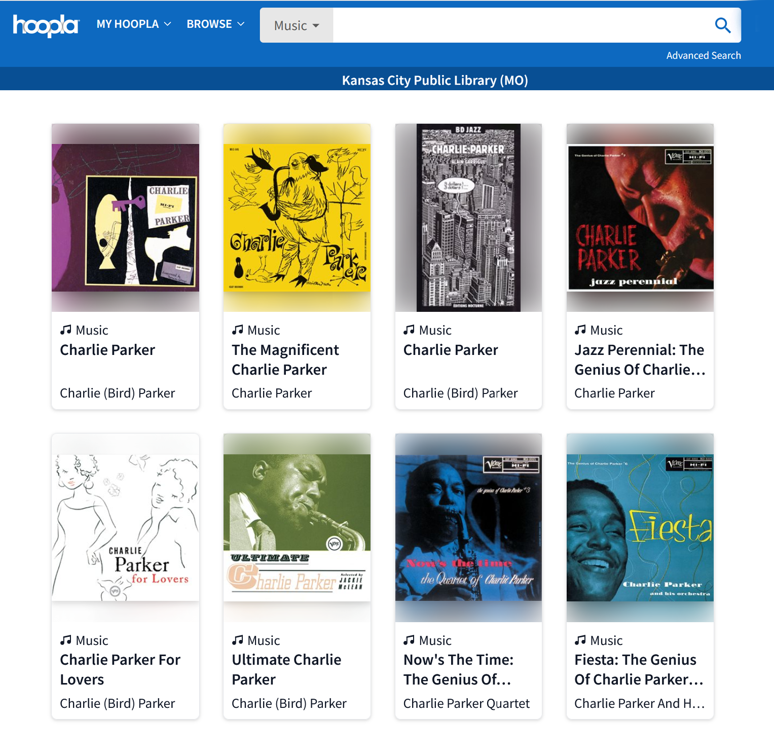 screenshot of eight music items by Charlie Parker