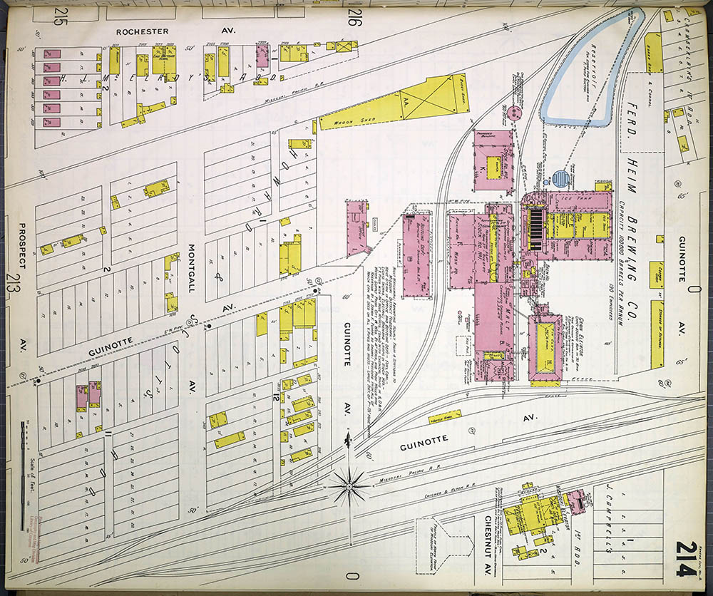 Sanborn fire insurance map showing the layout of the Fred Heim Brewing Company in the East Bottoms, 1896.