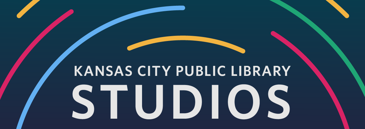 Kansas City Public Library Studios on dark blue background with colorful soundwaves