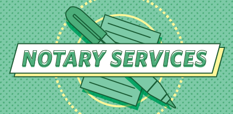 green 'Notary Services' over paper and pen background
