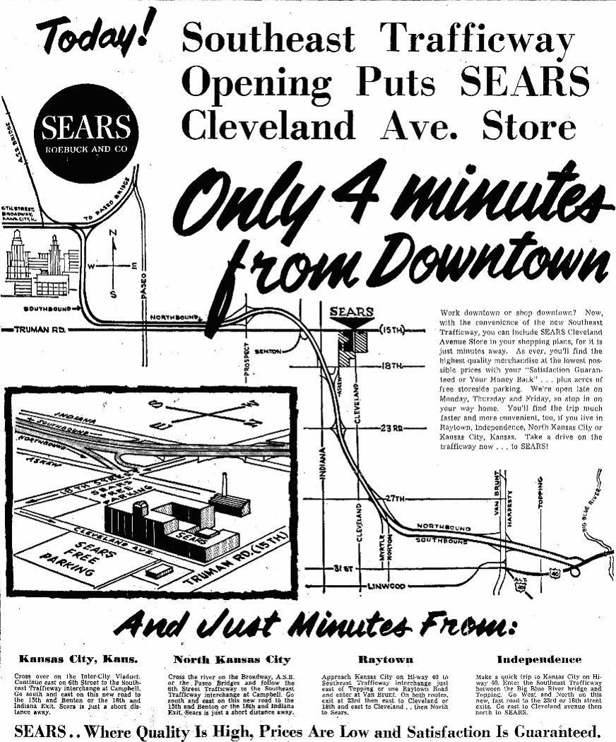 Advertisement promoting the use of new expressways to bypass downtown – 1962