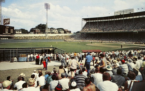 Fans watching a baseball game at Municipal Stadium