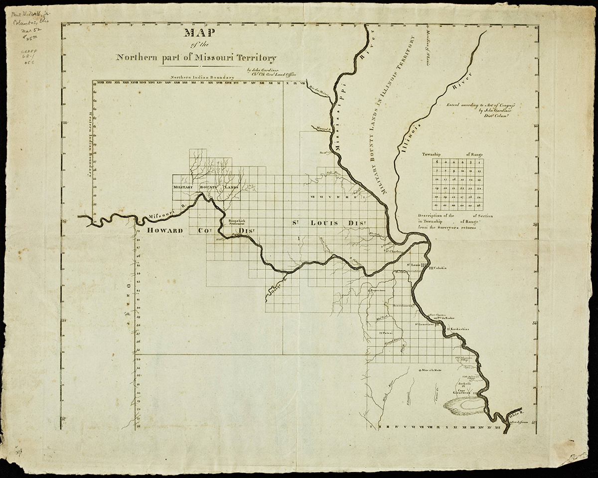 Map showing the first western and northern borders of Missouri. 