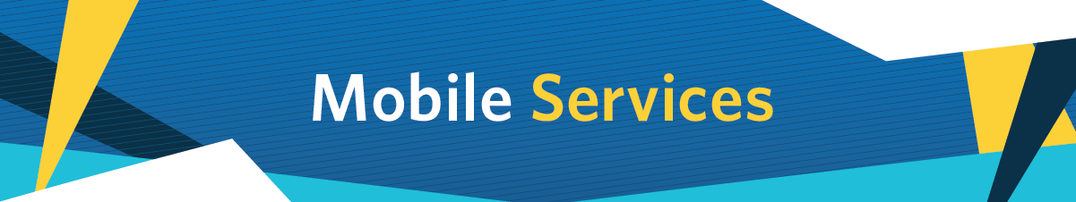 yellow and white text 'mobile services' on blue geometric background