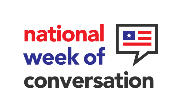 National Week of Conversation logo, with the word "national" in red, "week of" in blue, and "conversation" in black. A talk bubble contains a representation of the American flag.