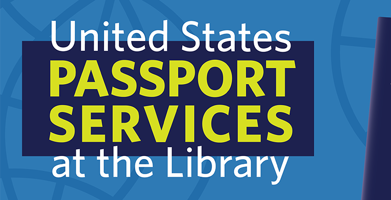 blue background with green 'Passport Services'