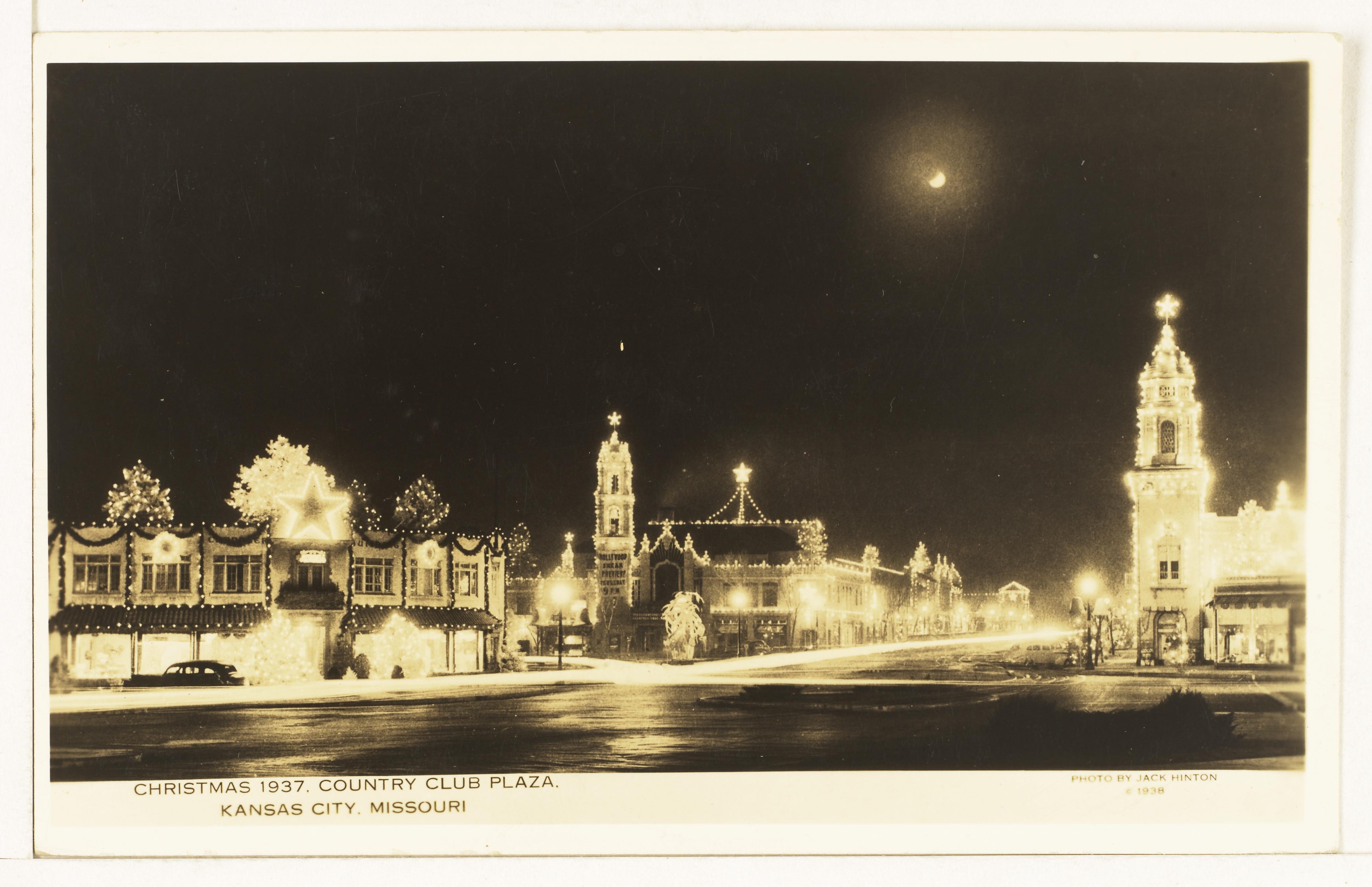 Postcard showing the Plaza Christmas lights display – 1937