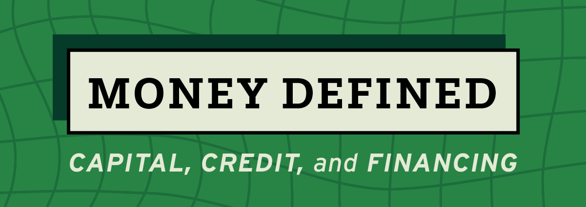 'Money Defined' on green background with wavy grid