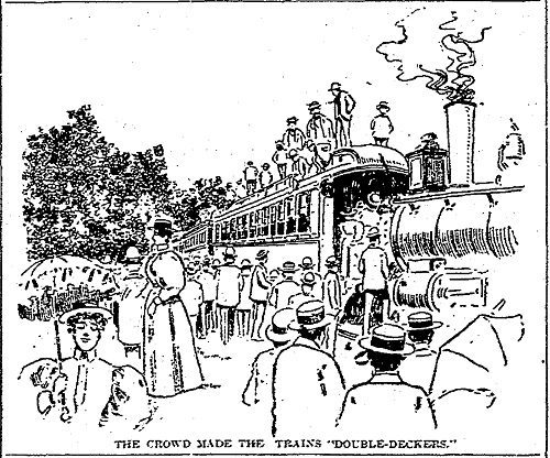 cartoon image of train with passengers on top