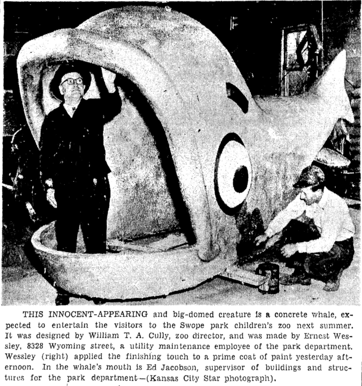 Newspaper photograph of the Kansas City Zoo’s concrete Winnie the whale, <u>The Kansas City Times</u>, February 22, 1956.