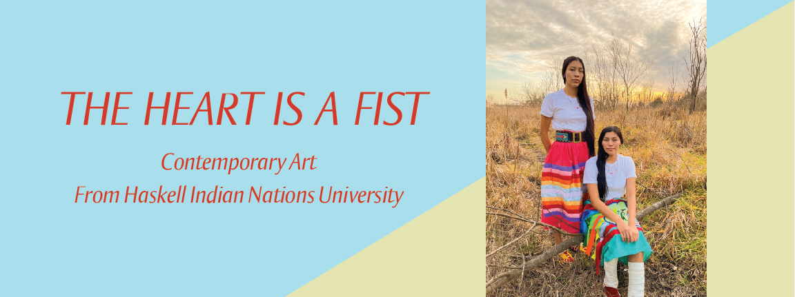 The Heart Is a Fist promo with photograph by artist Dominique Brown titled Two Women, of two Native American women in colorful textiles seated in nature. 