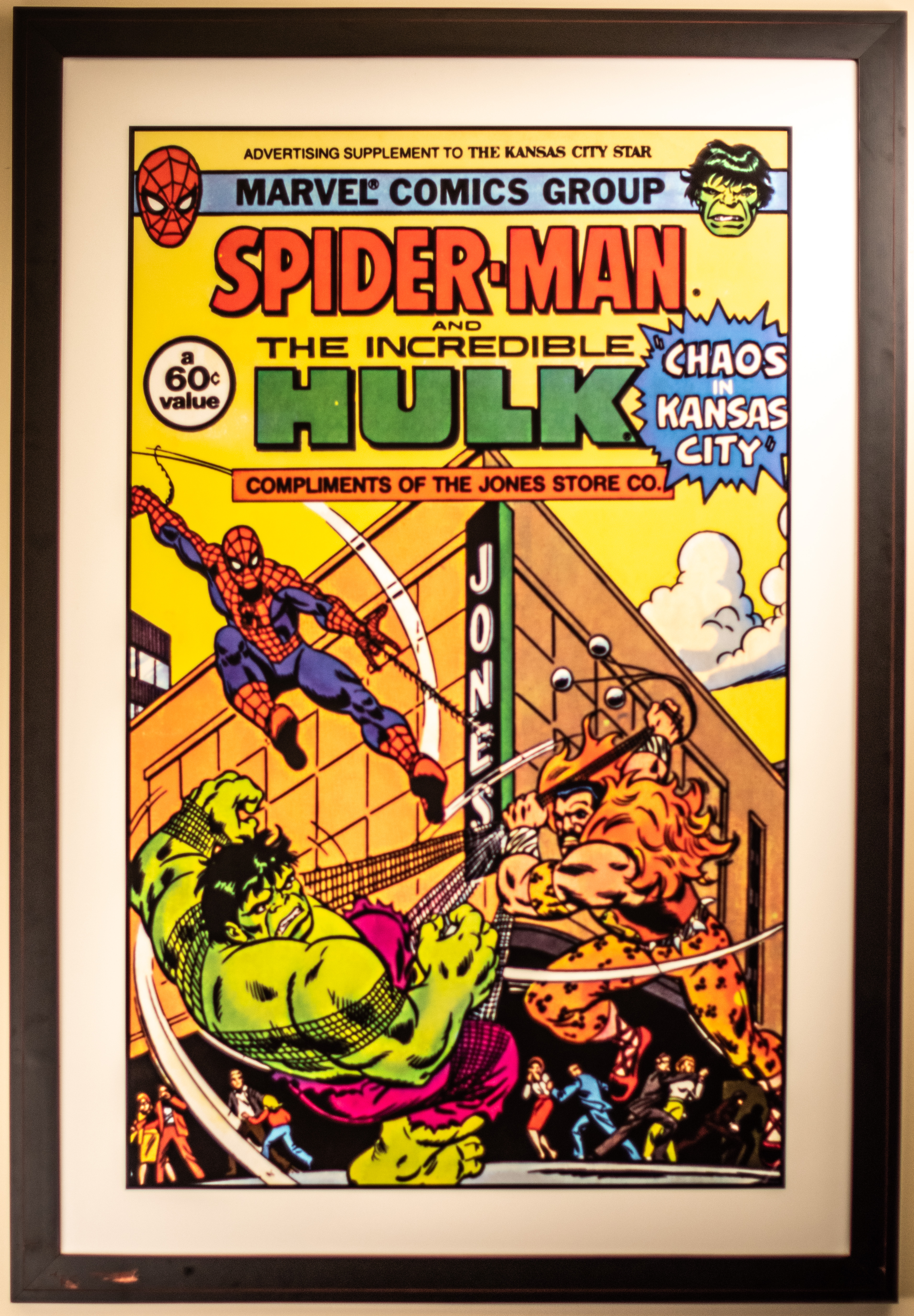 Enlarged poster print of the AD Supplement to the Kansas City Star from the Jones Store Co featuring iconic Marvel characters The Amazing Spider-Man, The Incredible Hulk and Kraven the Hunter.