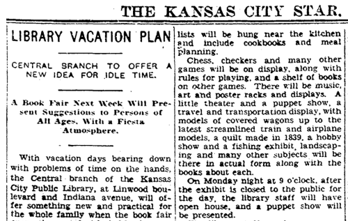 Except from a Kansas City Star article about the Library Book Fair in 1937.