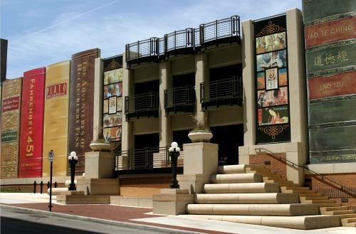 Parking garage with a facade of book jackets