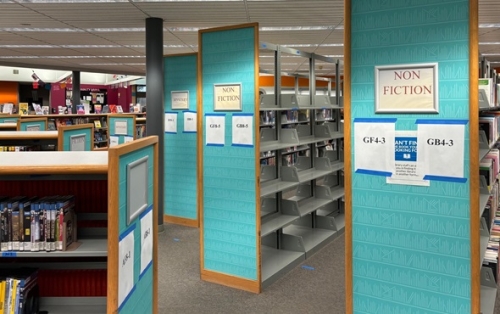 Newly labeled shelves at the Waldo Branch.