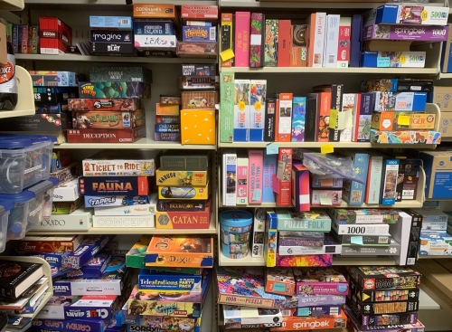 The Plaza Branch's stash of puzzles on display. 