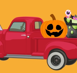 illustration of ghost, pumpkin, truck and cauldron