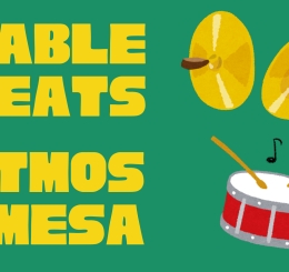 illustration of record, symbols, tambourine, drum, and hands clapping