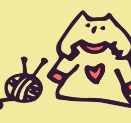 illustrated owl with sweater, yarn, and knitting needles