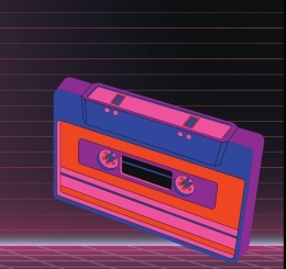 synthwave illustration of mixer and cassette