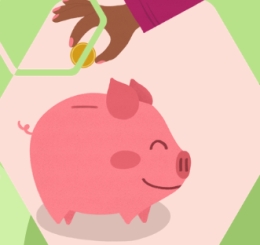 illustrations of bank, plant, calculator, credit cards