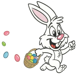 illustration of bunny with basket and colorful eggs