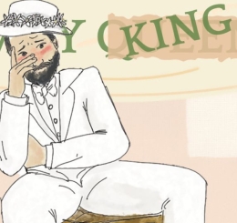 illustration of man in white suit and hat in front of banner