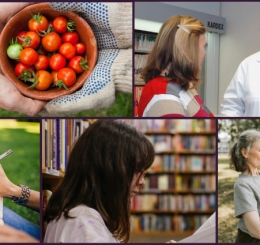 Images of people meditating, healthcare professional, and gardeners with tomatoes