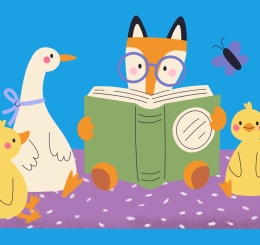 illustration of ducks, goose, and fox reading book