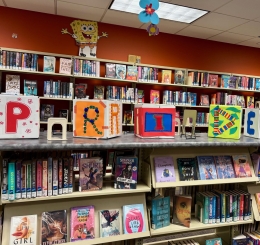 Pride book display with crafted boxes