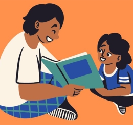 flat graphic of adult reading to child