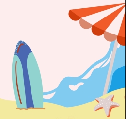 illustration of beach with umbrella and surfboard