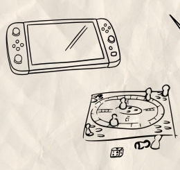 illustrations of board game, origami crane, and Nintendo Switch