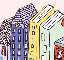 illustrations of a plan, hot air balloon, and houses in a row