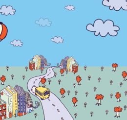 illustrations of bus, city, hot air balloon, airplane, pond, and books