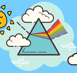 illustration of sun and glass pyramid with light reflected in rainbow