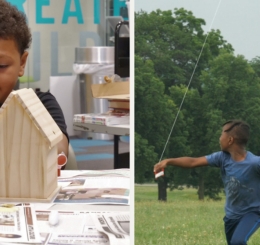 child with bird house and child flying kite