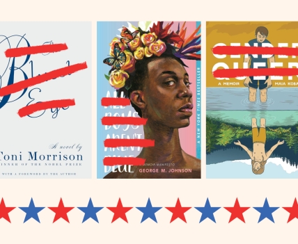 three book covers with titles crossed out