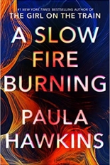 The cover of A Slow Burning Fire with red, orange, yellow, and blue flames in the background of the title's words