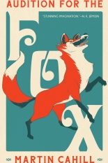 Teal and off white background with a drawing of a fox mid-stride