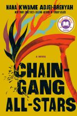 The cover of Chain-Gang All-Stars is yellow with a bright red painting of a scythe